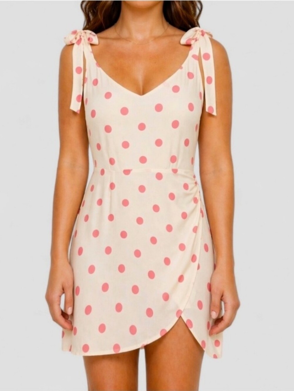 Reformation Size 6 Cream Pink Polka Dot Tie Shoulder Mini Wrap Dress